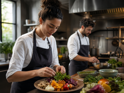 Profissionais preparam pratos à base de vegetais em uma cozinha comercial.