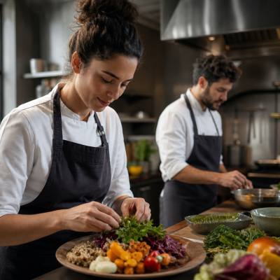Profissionais preparam pratos à base de vegetais em uma cozinha comercial.