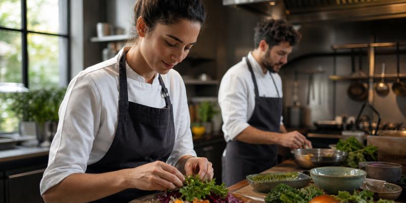 Profissionais preparam pratos à base de vegetais em uma cozinha comercial.