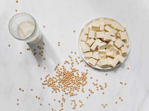 Cubos de tofu, grãos de soja e um copo de leite de soja vistos de cima sobre fundo branco.
